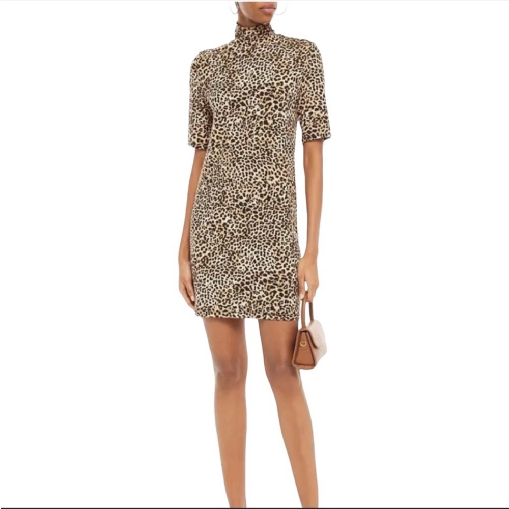 Enza Costa Leopard Print Turtleneck Short Sleeve Mini Dress SZ M EUC